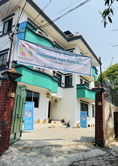 Front view and entrance of Welcome Age Care Home residential building in Kathmandu for elderly care services